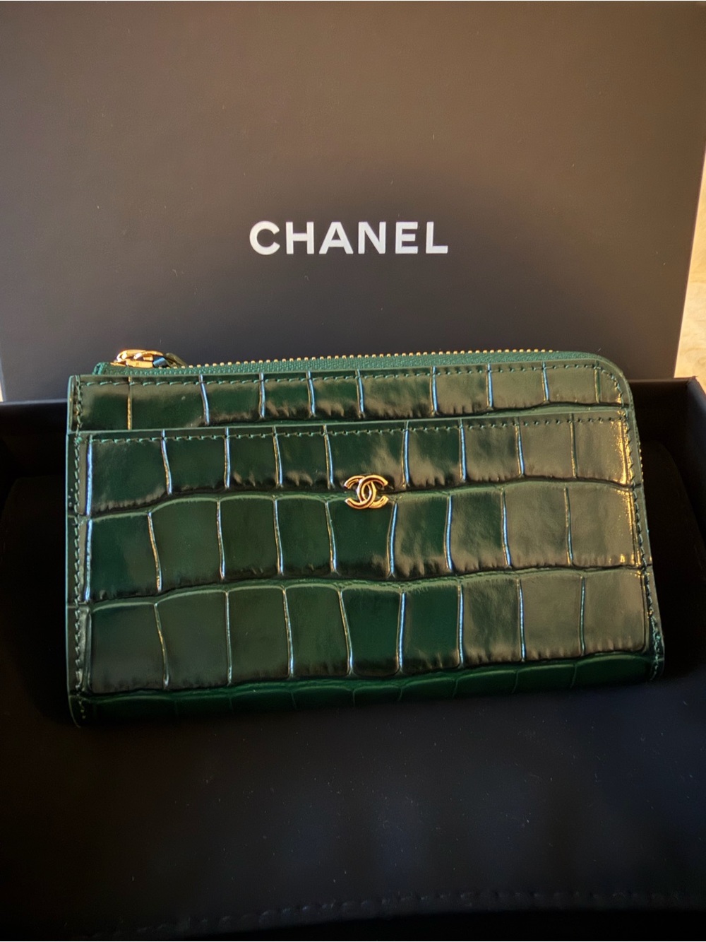 (Rare) CHANEL Green Croc-Embossed Leather Zip Cardholder (Matthieu Blazy 26S)
